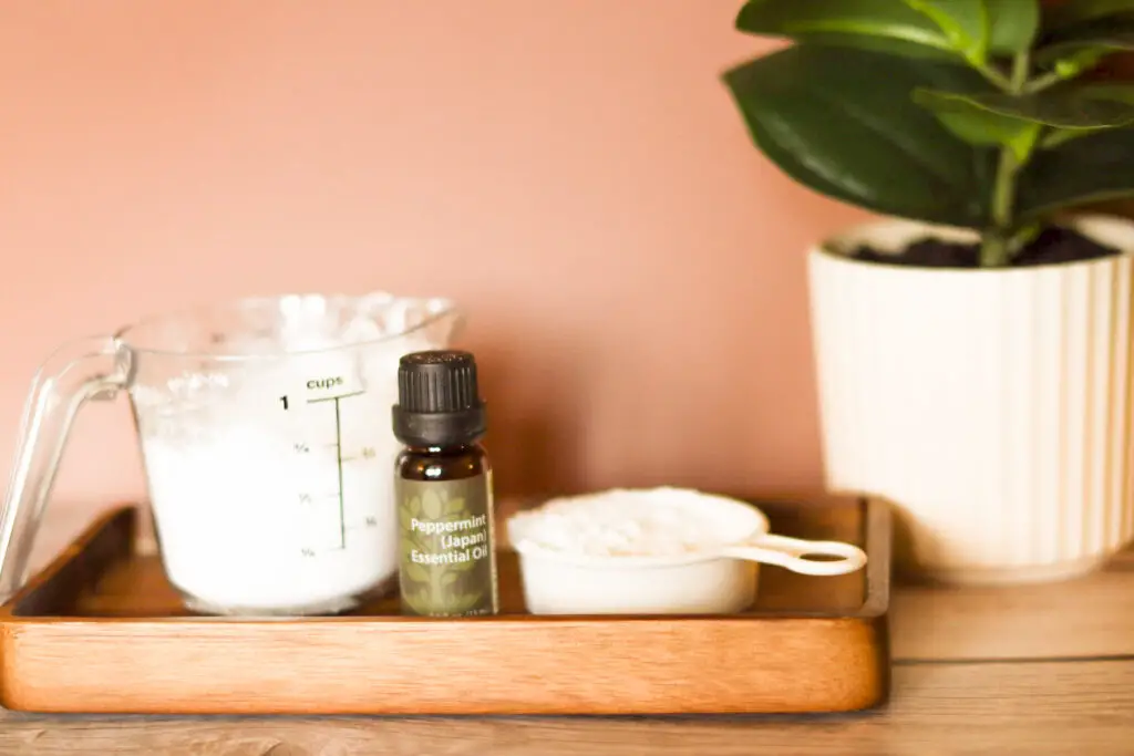 baking Powder, peppermint oil, and corn starch on a wooden tray.