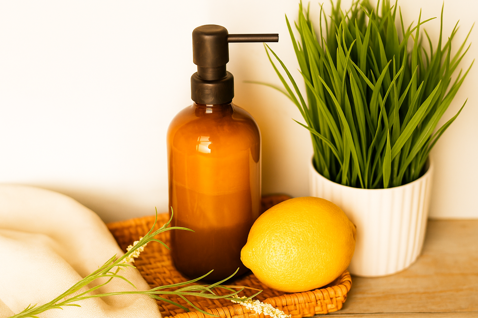 homemade hand soap with lemon next to a lemon in a amber dispenser bottle