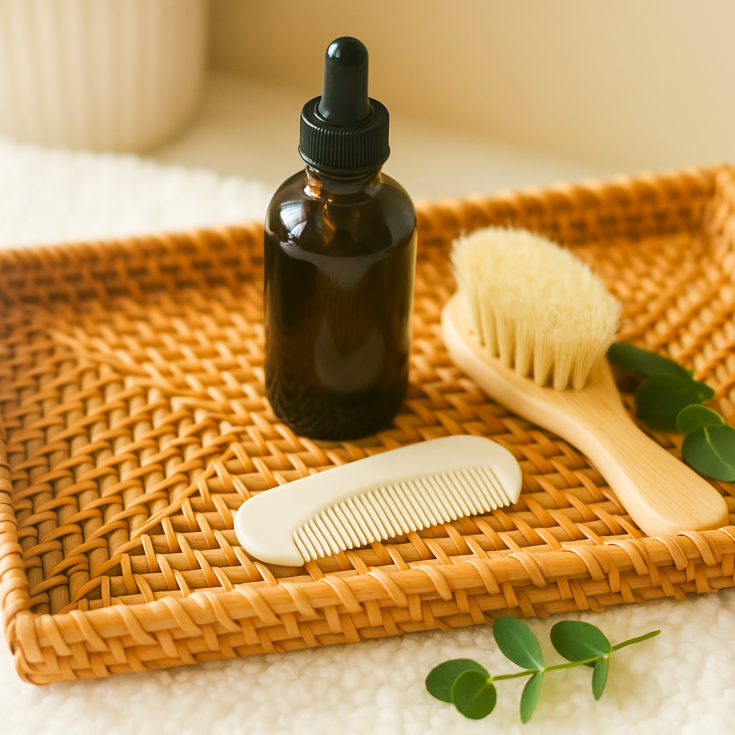 hair growth oil for infants on woven tray next to green eucalyptus plant